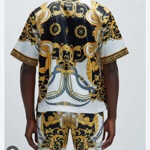 NEW NovaMen Xl Graphic Shirt Short Sleeve Button Down Polyester Black Yellow